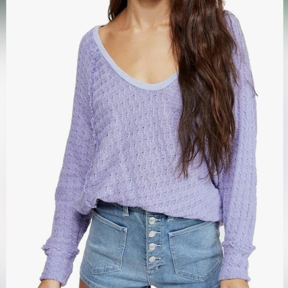 We The Free Lavender Textured Open Knit Top Slouchy Long Sleeve Raw Hem Size M